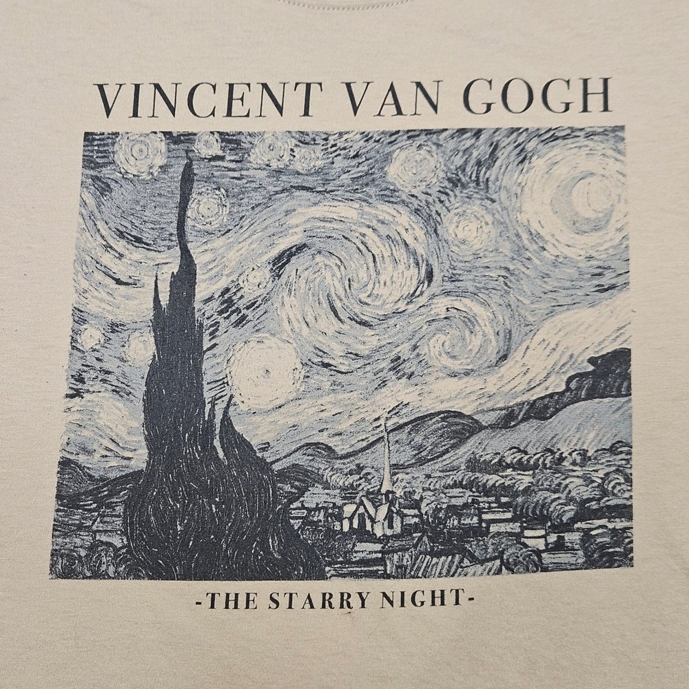 Mighty Fine Vincent Van Gogh Starry Night Graphic T-Shirt Medium Beige Art Tee